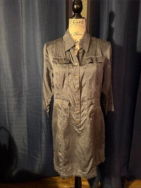 Women's Steel Gray 100% Silk/Cotton Utility Shirt Mini Dress  - DaNang